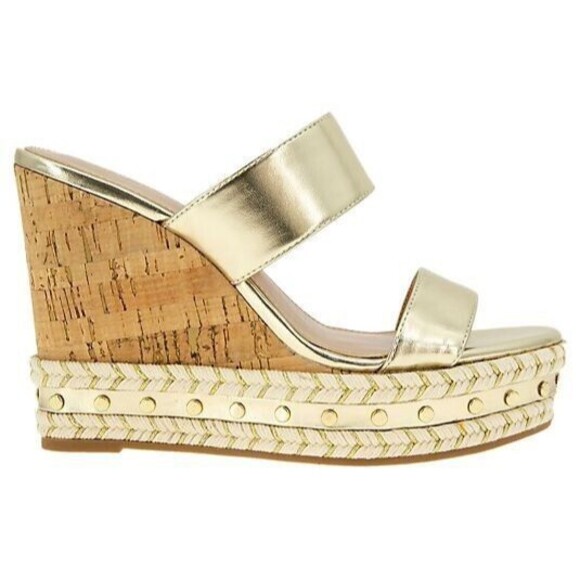 NEW BCBGeneration Nexti Cork Wedge Sandal Womens Size 10 Platino Gold Vegan Lthr - Picture 1 of 10